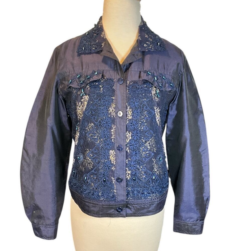 Coldwater Creek Silk Blend Shantung Jacket Size Small Embroidered Blue